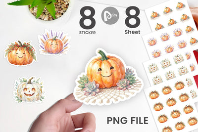 Sticker Watercolor Boho Floral Smiling Pumpkin Sublimation artnoy 