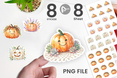 Sticker Watercolor Boho Floral Smiling Pumpkin Sublimation artnoy 