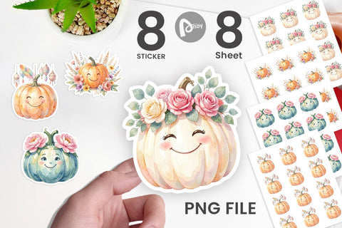 Sticker Watercolor Boho Floral Smiling Pumpkin Sublimation artnoy 