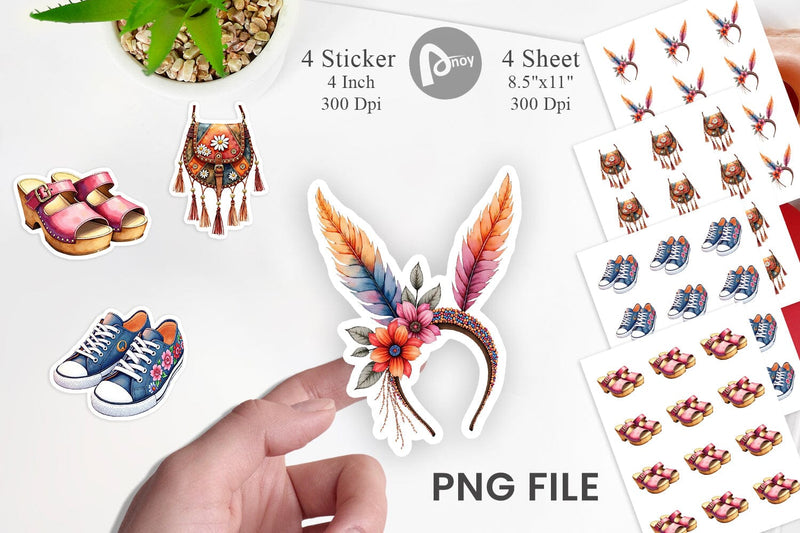 Sticker Watercolor Boho Spring Fashion 70s Accessories & Attire Sublimation artnoy 