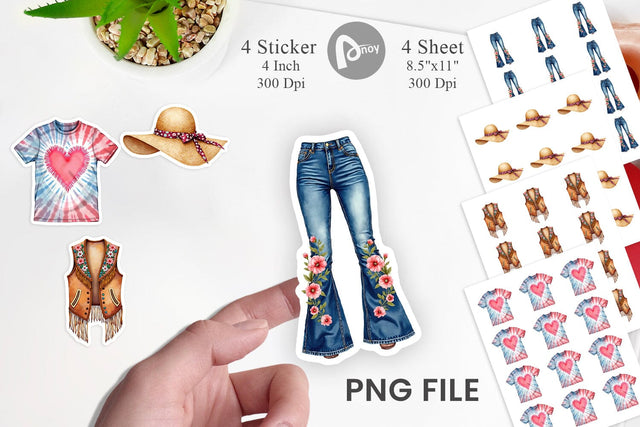Sticker Watercolor Boho Spring Fashion 70s Accessories & Attire Sublimation artnoy 