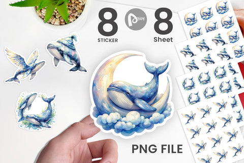 Sticker Watercolor Celestial Whale Moon Star Sublimation artnoy 