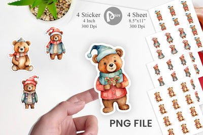 Sticker Watercolor Christmas Bear Sublimation artnoy 