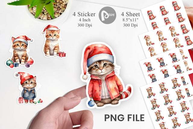 Sticker Watercolor Christmas Cat Sublimation artnoy 
