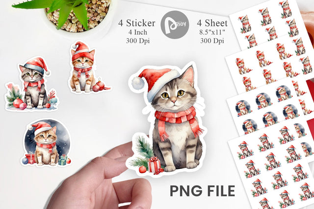 Sticker Watercolor Christmas Cat Sublimation artnoy 