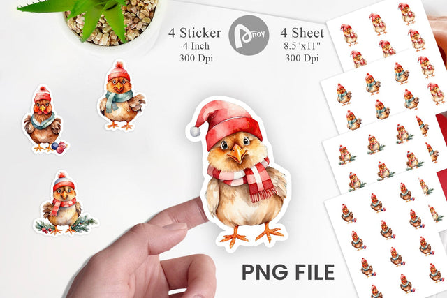 Sticker Watercolor Christmas Chicken Sublimation artnoy 