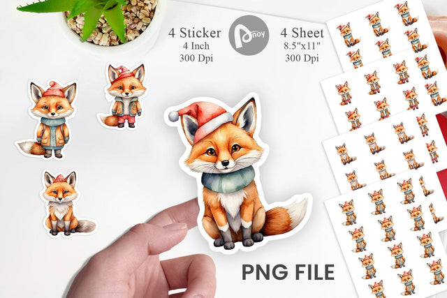 Sticker Watercolor Christmas Fox Sublimation artnoy 