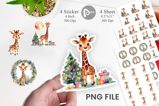 Sticker Watercolor Christmas Giraffe Sublimation artnoy 