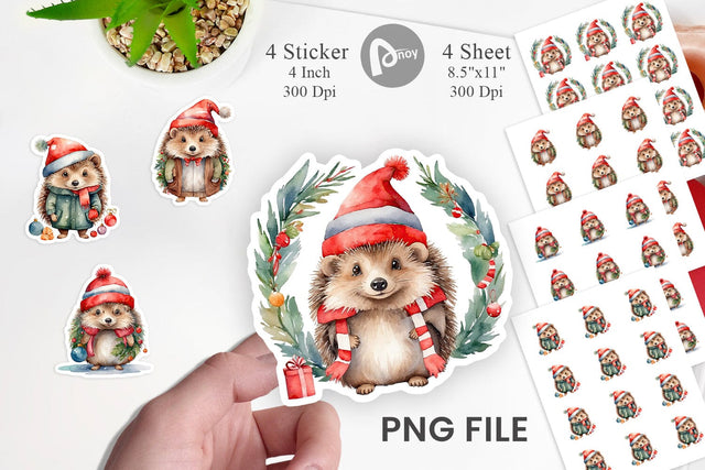 Sticker Watercolor Christmas Hedgehog Sublimation artnoy 