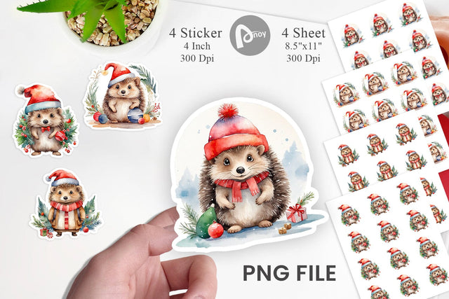 Sticker Watercolor Christmas Hedgehog Sublimation artnoy 