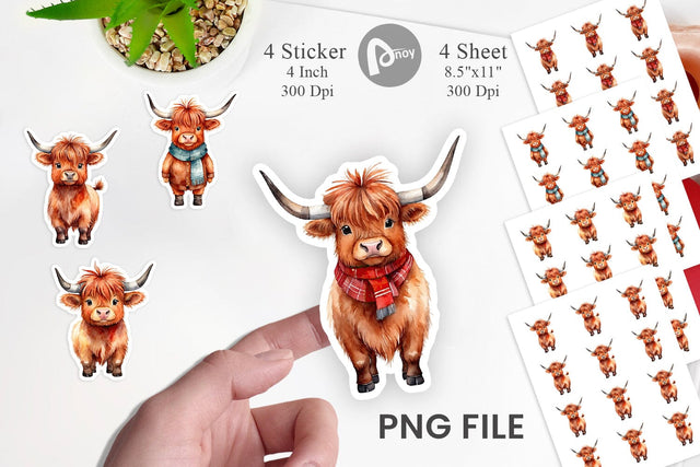 Sticker Watercolor Christmas Highland Cow Sublimation artnoy 