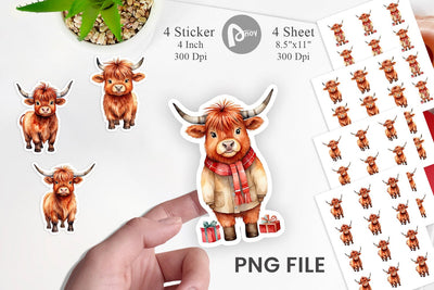 Sticker Watercolor Christmas Highland Cow Sublimation artnoy 
