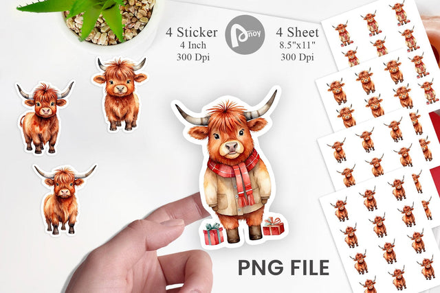 Sticker Watercolor Christmas Highland Cow Sublimation artnoy 