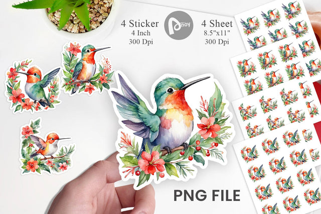 Sticker Watercolor Christmas Hummingbird Sublimation artnoy 