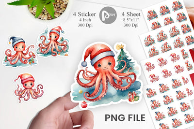 Sticker Watercolor Christmas Octopus Sublimation artnoy 