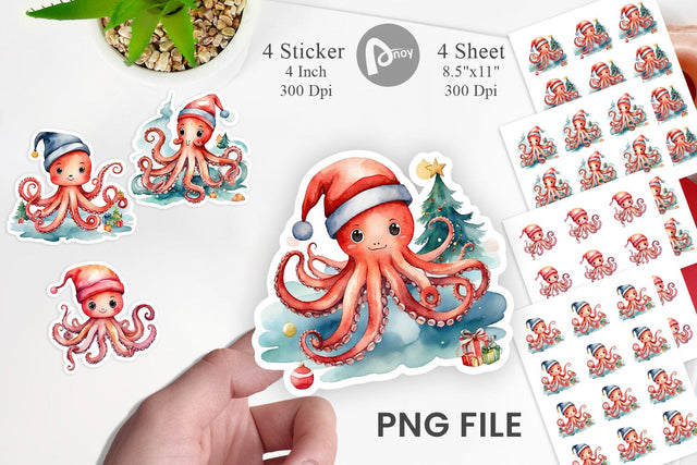 Sticker Watercolor Christmas Octopus Sublimation artnoy 