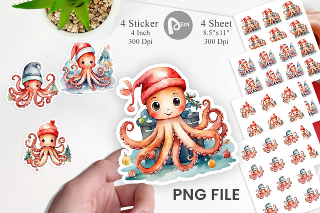 Sticker Watercolor Christmas Octopus Sublimation artnoy 