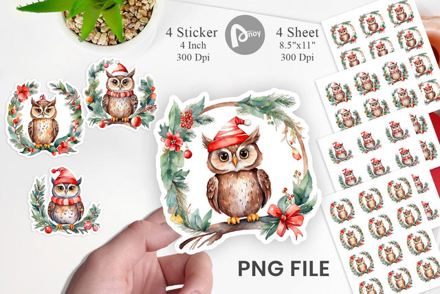 Sticker Watercolor Christmas Owl Sublimation artnoy 
