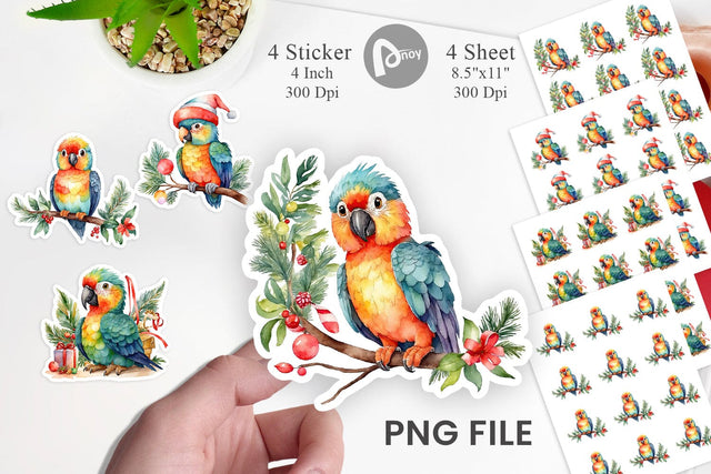 Sticker Watercolor Christmas Parrot Sublimation artnoy 