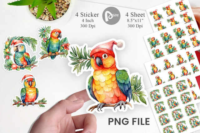 Sticker Watercolor Christmas Parrot Sublimation artnoy 