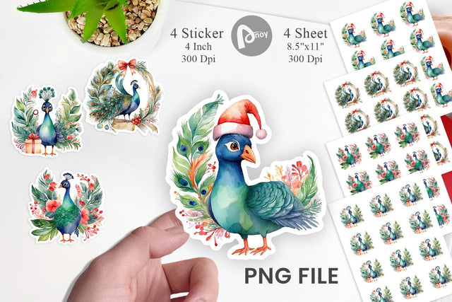 Sticker Watercolor Christmas Peacock Sublimation artnoy 