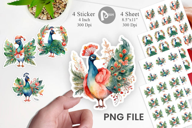 Sticker Watercolor Christmas Peacock Sublimation artnoy 