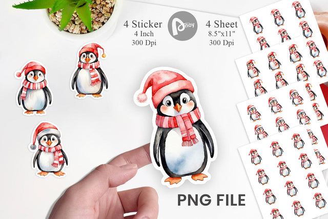 Sticker Watercolor Christmas Penguin Sublimation artnoy 