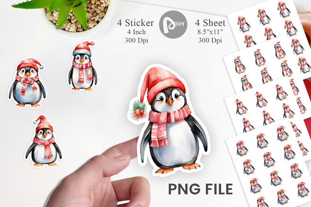 Sticker Watercolor Christmas Penguin Sublimation artnoy 
