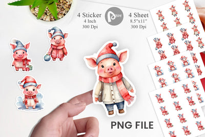 Sticker Watercolor Christmas Pig Sublimation artnoy 
