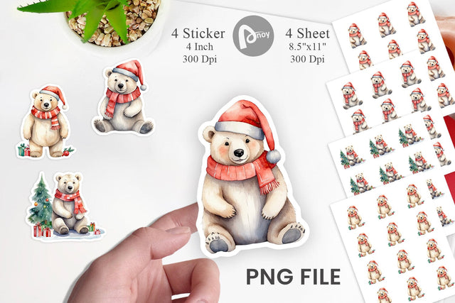 Sticker Watercolor Christmas Polar Bear Sublimation artnoy 