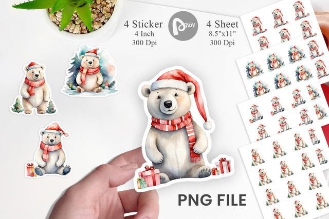 Sticker Watercolor Christmas Polar Bear Sublimation artnoy 