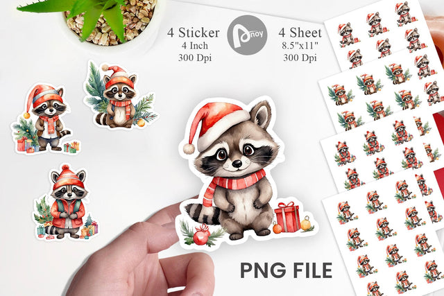 Sticker Watercolor Christmas Raccoon Sublimation artnoy 