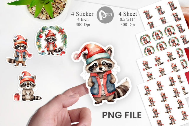 Sticker Watercolor Christmas Raccoon Sublimation artnoy 