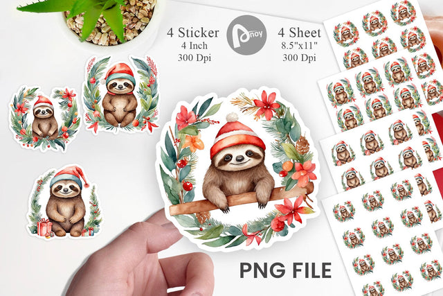 Sticker Watercolor Christmas Sloth Sublimation artnoy 