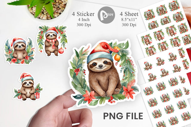 Sticker Watercolor Christmas Sloth Sublimation artnoy 