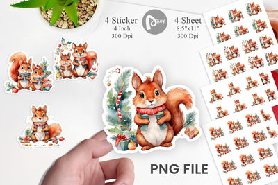Sticker Watercolor Christmas Squirrel Sublimation artnoy 