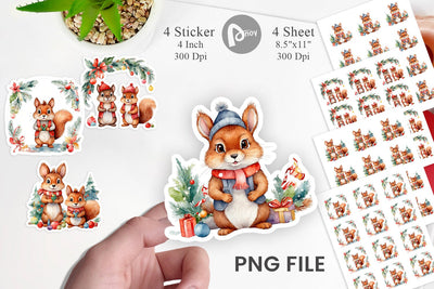 Sticker Watercolor Christmas Squirrel Sublimation artnoy 
