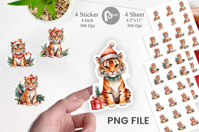 Sticker Watercolor Christmas Tiger Sublimation artnoy 