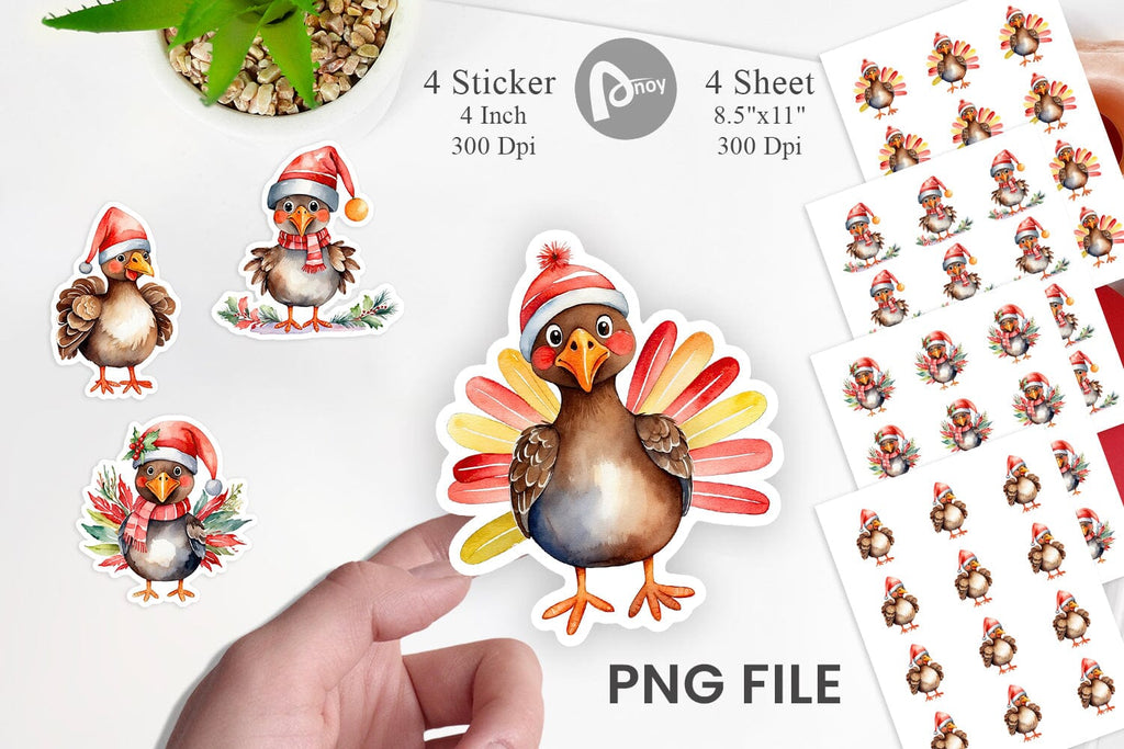 Pattern Sticker Turkey Sticker Watercolor Christmas Turkey - So Fontsy