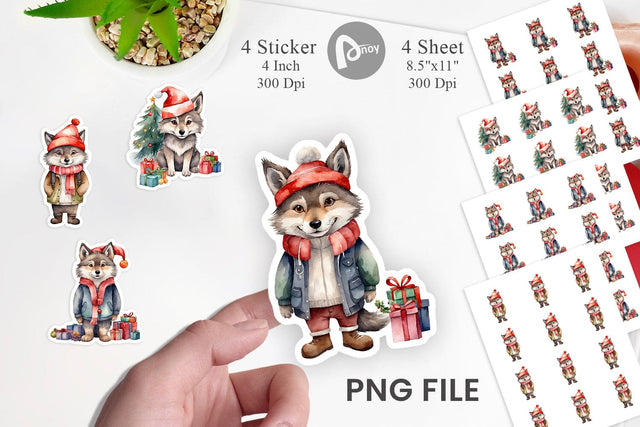 Sticker Watercolor Christmas Wolf Sublimation artnoy 