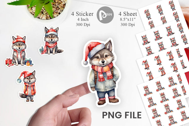 Sticker Watercolor Christmas Wolf Sublimation artnoy 