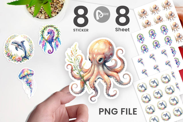 Sticker Watercolor Cute Baby Ocean Animals Sublimation artnoy 