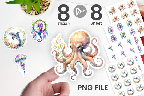 Sticker Watercolor Cute Baby Ocean Animals Sublimation artnoy 