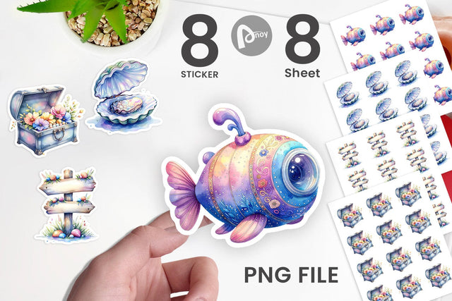 Sticker Watercolor Cute Ocean Objects Sublimation artnoy 