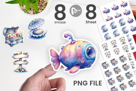 Sticker Watercolor Cute Ocean Objects Sublimation artnoy 