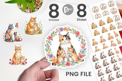 Sticker Watercolor Floral Cat Motherhood Art Sublimation artnoy 