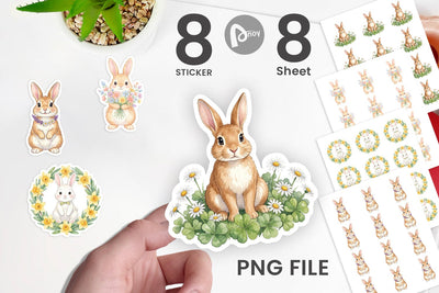 Sticker Watercolor Floral Spring Easter Bunny Sublimation artnoy 