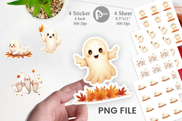 Sticker Watercolor Ghost Autumn Leaves Sublimation artnoy 