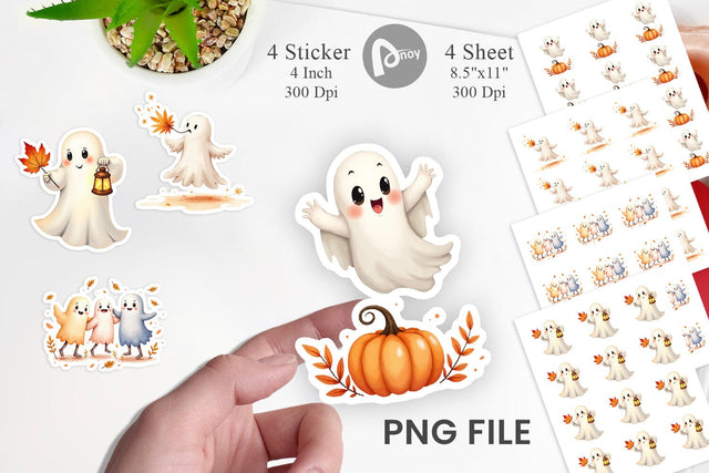 Sticker Watercolor Ghost Autumn Leaves Sublimation artnoy 