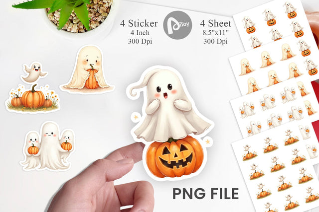 Sticker Watercolor Ghost Pumpkin Friends Sublimation artnoy 